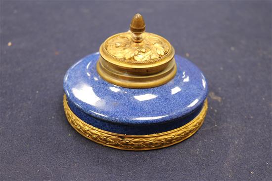 A Sevres Paul Milet period blue ground ormolu mounted ink well diameter 12cm